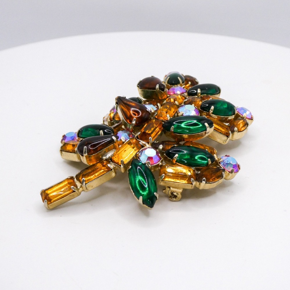 Vintage Rhinestone Leaf Extra Large 3.3" Gold & Green Statement Brooch Pin - Picture 5 of 12